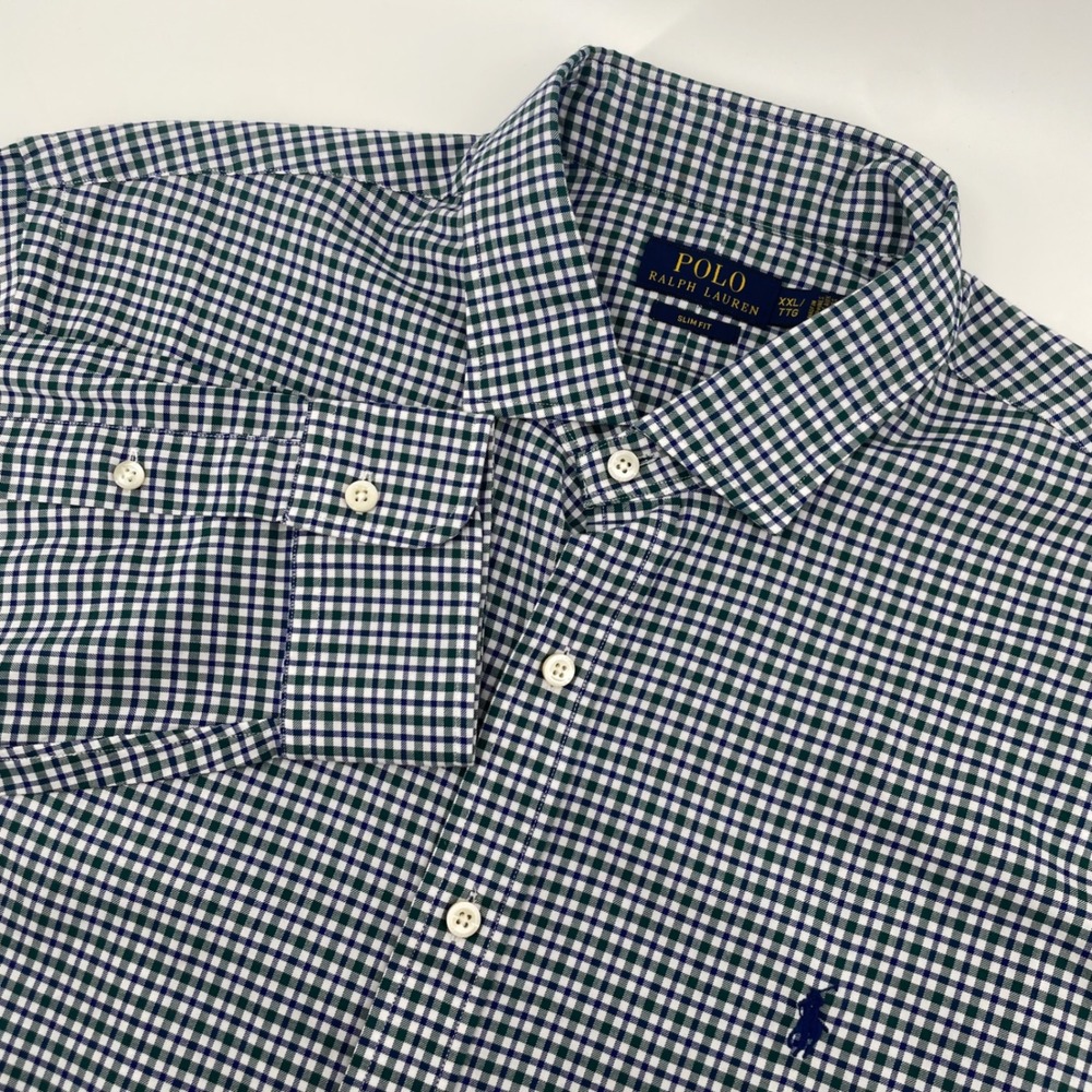 Polo Ralph Lauren Button Down Mens XXL Green Gingham Slim Fit Long Sleeve Shirt